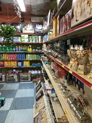 An aisle of packaged goods over a chequered floor