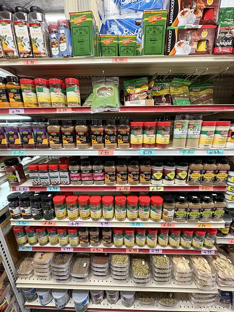 The spice and dry goods aisle inside the shop